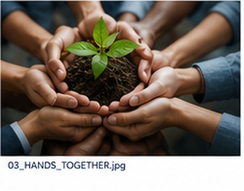 Hands joining around a growing plant, representing shared progress